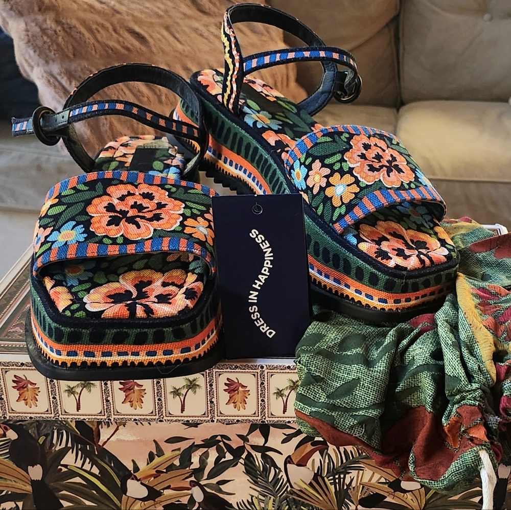 FARM Rio Floral Platform Sandals - Black, Orange, Blue